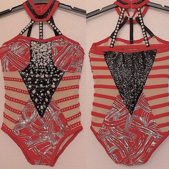 Glamour solo dance costume custom red mesh rhinestone embellished leotard MC - Picture 3 of 11